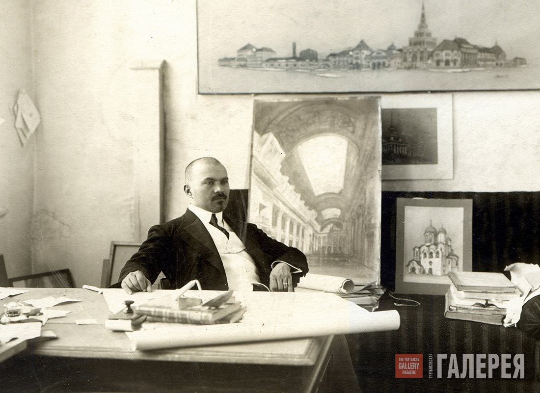 Alexei Shchusev in the design studio of the Kazan Railway Station. 1914-1915