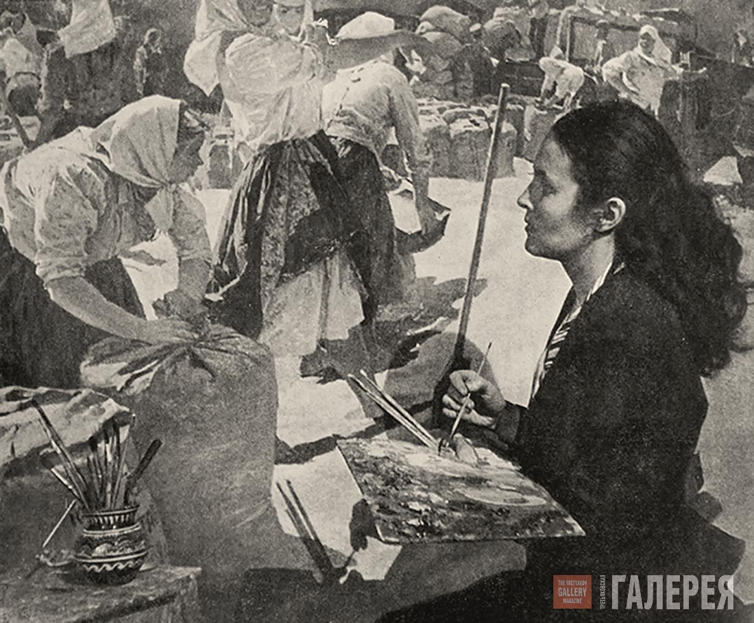 Т.Н. Яблонская за работой над картиной «Хлеб». 1949