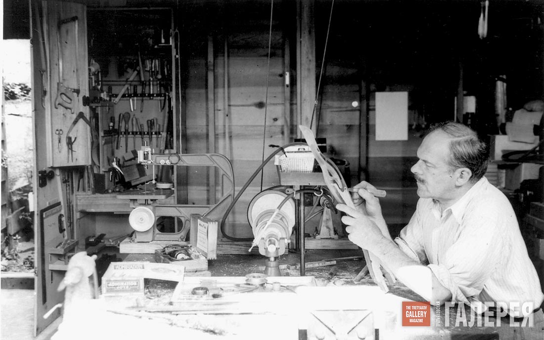 Alexander Archipenko in his studio, working on the Plexiglas sculpture  “Onward”